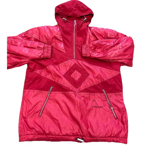VTG 80s Red Ski Jacket Diamond Aztec Retro Hooded GORGEOUS Parka Snow Outdoor L - Picture 1 of 16